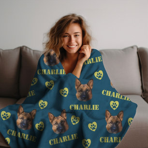 German Shepherd Dog, Custom Photo and Name Repeat Fleece Blanket