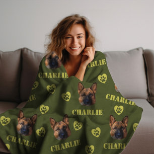 German Shepherd Dog, Custom Photo and Name Repeat  Fleece Blanket