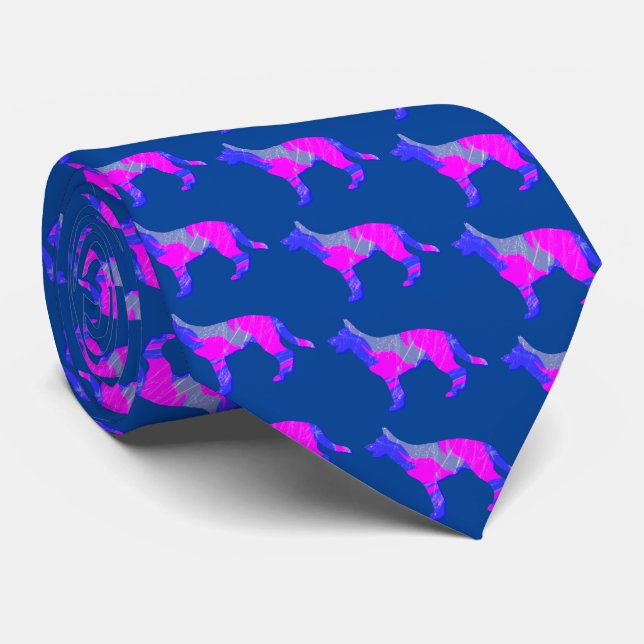 German Shepherd Dog Cute Pink Silhouette Blue Neck Tie (Rolled)