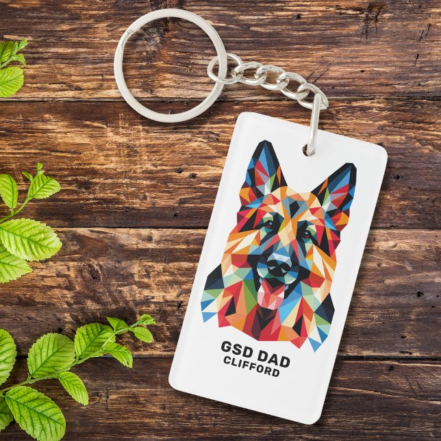 German Shepherd Dog Dad Personalised Low Poly Art Key Ring (Add Name to personalize, edit other text if required, or delete all text if you wish)