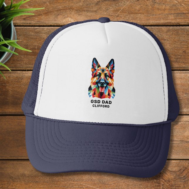 German Shepherd Dog Dad Personalised Low Poly Art Trucker Hat (Personalize with name or edit/replace/delete text as required. )