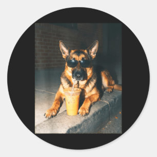 German Shepherd Dog Drinking Iced Coffee Dog Art Classic Round Sticker