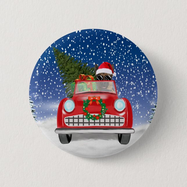 German Shepherd Dog Driving Car In Snow Christmas  6 Cm Round Badge (Front)