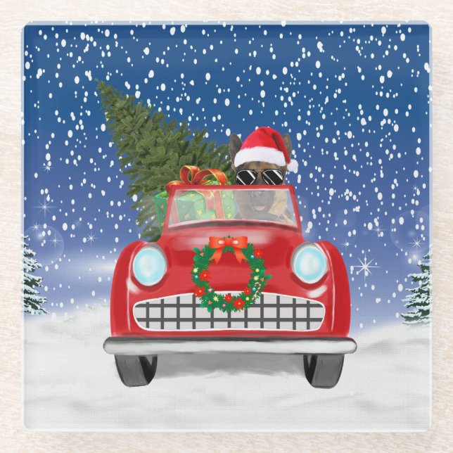 German Shepherd Dog Driving Car In Snow Christmas  Glass Coaster (Front)