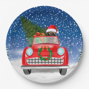German Shepherd Dog Driving Car In Snow Christmas Paper Plate