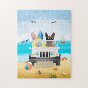 German Shepherd Dog Driving on Beach Jigsaw Puzzle