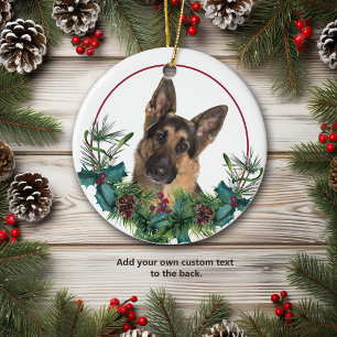 German Shepherd Dog Evergreen Berry Wreath Ceramic Tree Decoration