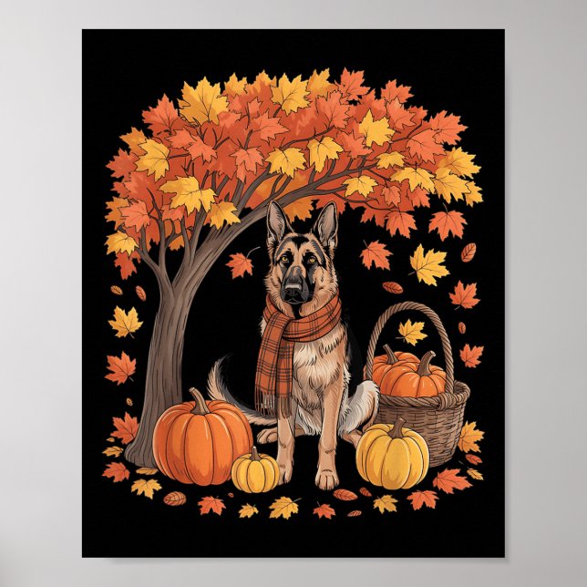 German Shepherd Dog Fall Scarf Pumpkin Autumn Than Poster (Front)