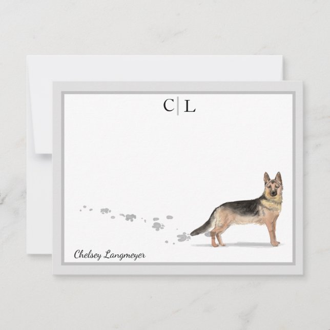 German Shepherd Dog Grey Border Monogram & Name Card (Front)