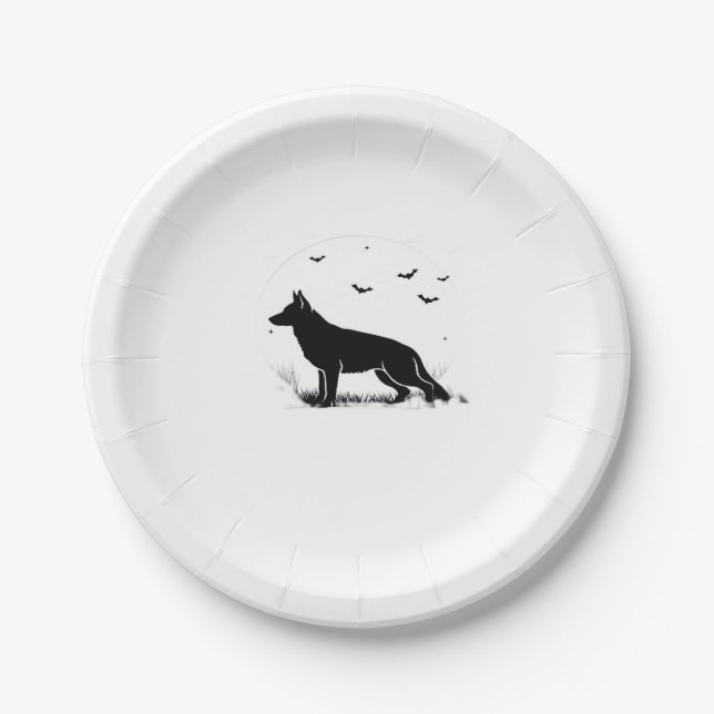 German Shepherd Dog � Halloween Moon Silhouette Cl Paper Plate (Front)