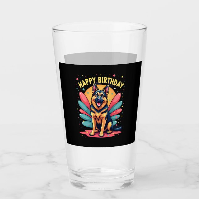 German Shepherd Dog Happy Birthday Party Shep Clot Glass (Front)