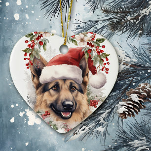 German Shepherd Dog Holly Wreath Christmas Ceramic Tree Decoration