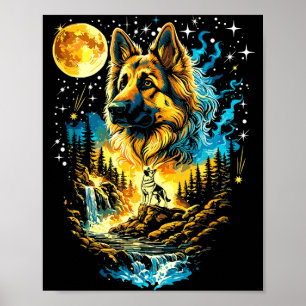 German shepherd dog howling to the moon vintageGer Poster