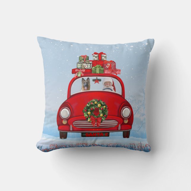 German Shepherd Dog In Car With Santa Claus Cushion (Front)