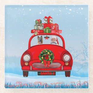 German Shepherd Dog In Car With Santa Claus Glass Coaster