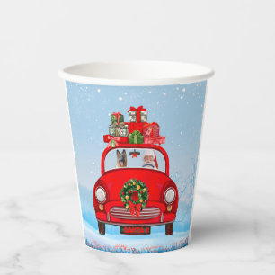 German Shepherd Dog In Car With Santa Claus Paper Cups