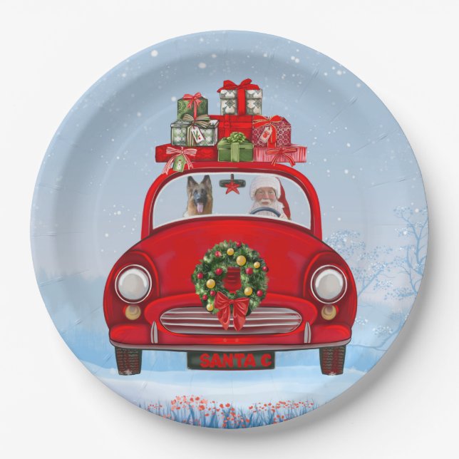German Shepherd Dog In Car With Santa Claus Paper Plate (Front)