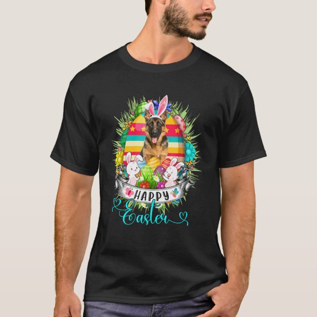 German Shepherd Dog In Easter Eggs Basket Happy Ea T-Shirt (Front)