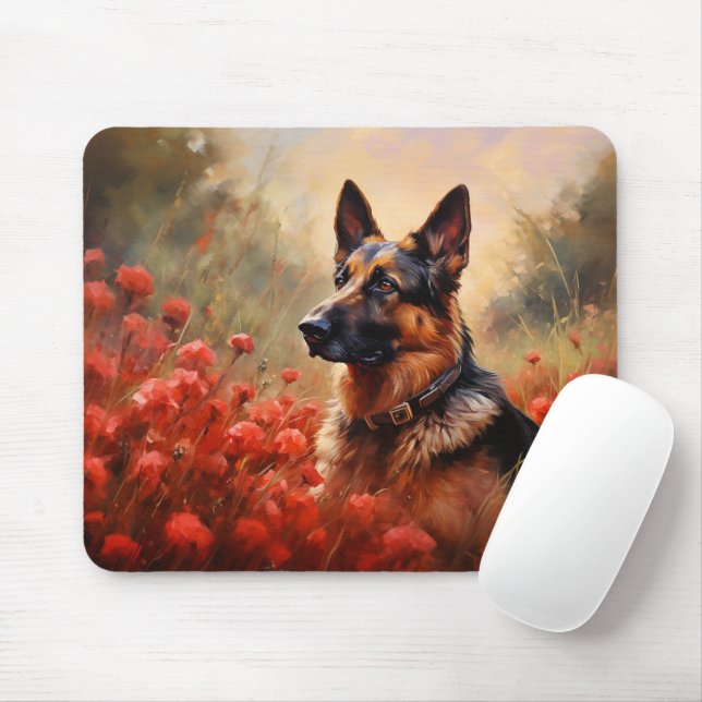 German Shepherd dog in poppies Mouse Mat (With Mouse)