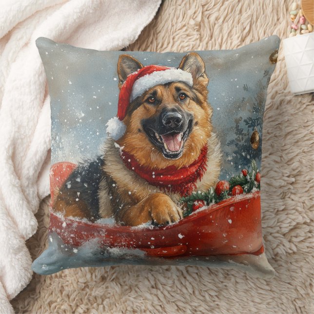 German Shepherd Dog in Sledge Snow Christmas Cushion (Blanket)