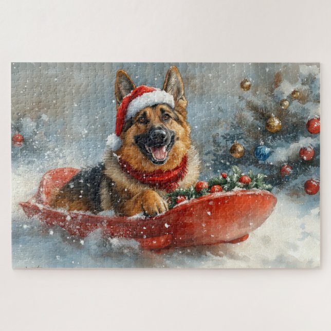 German Shepherd Dog in Sledge Snow Christmas Jigsaw Puzzle (Horizontal)