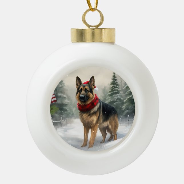 German Shepherd Dog in Snow Christmas Ceramic Ball Christmas Ornament (Front)