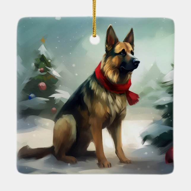German Shepherd Dog in Snow Christmas Ceramic Ornament (Back)