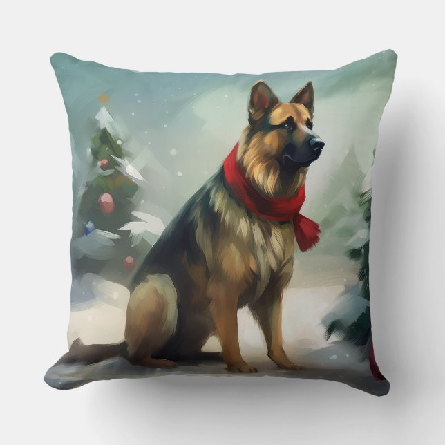 German Shepherd Dog in Snow Christmas Cushion (Front)