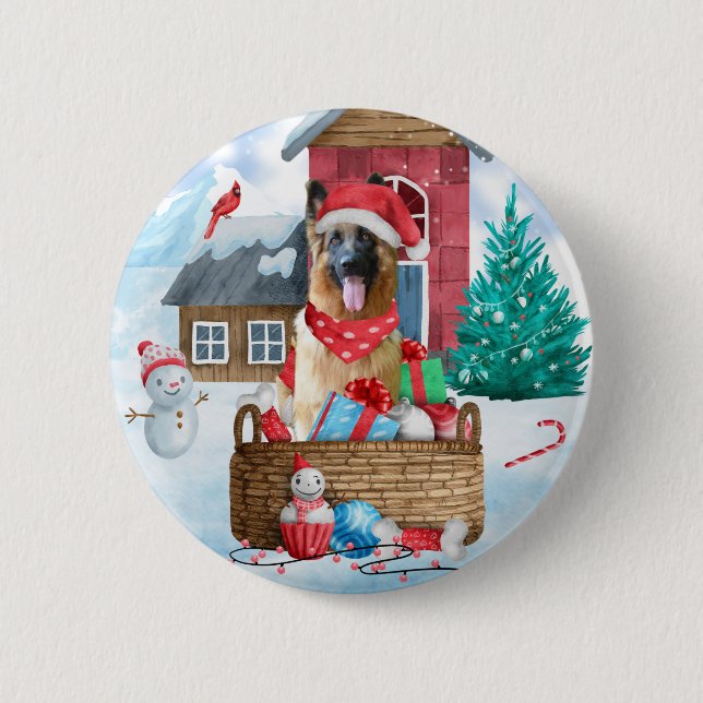 German Shepherd Dog In snow Christmas Dog House 6 Cm Round Badge (Front)