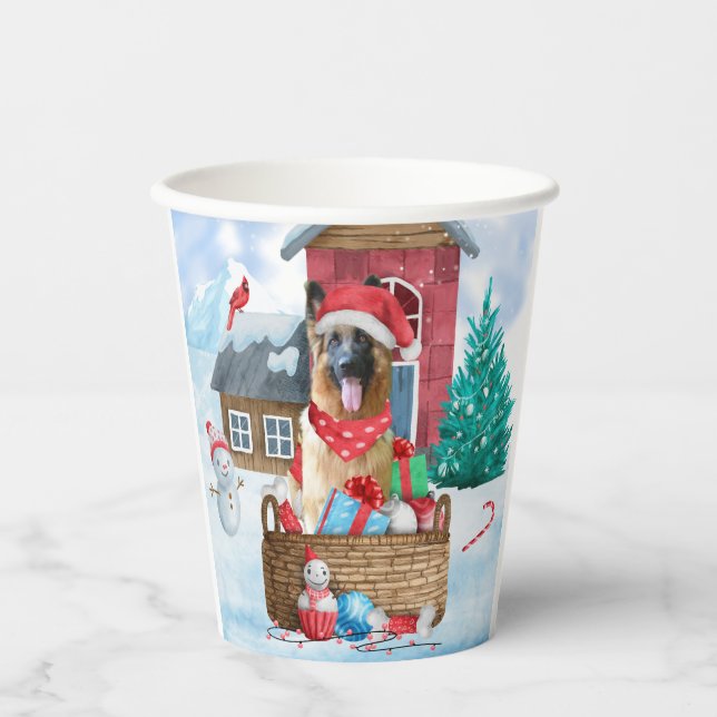 German Shepherd Dog In snow Christmas Dog House Paper Cups (Front)