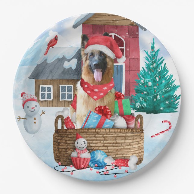 German Shepherd Dog In snow Christmas Dog House Paper Plate (Front)
