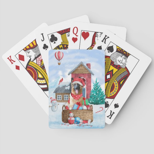 German Shepherd Dog In snow Christmas Dog House Playing Cards (Back)