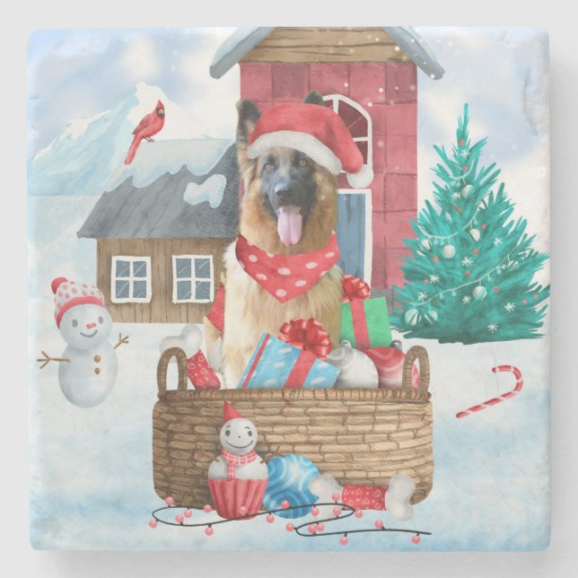 German Shepherd Dog In snow Christmas Dog House Stone Coaster (Front)