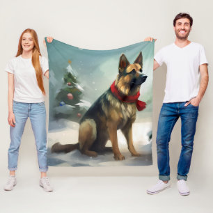 German Shepherd Dog in Snow Christmas Fleece Blanket