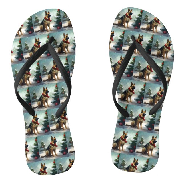 German Shepherd Dog in Snow Christmas Flip Flops (Footbed)