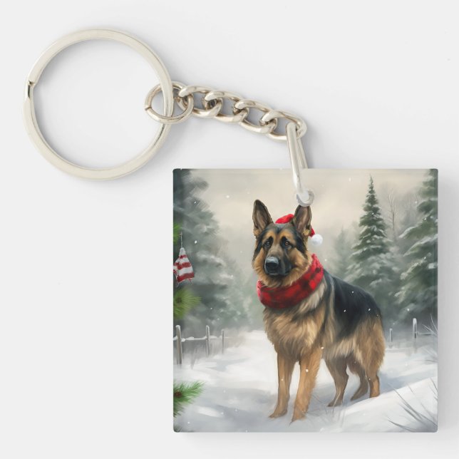 German Shepherd Dog in Snow Christmas Key Ring (Front)