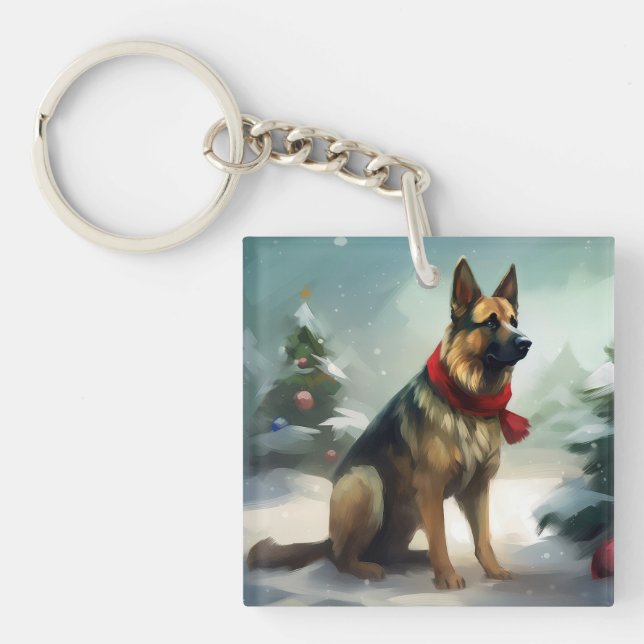 German Shepherd Dog in Snow Christmas Key Ring (Front)