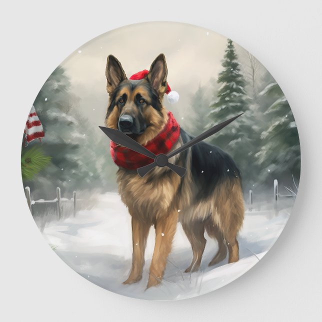 German Shepherd Dog in Snow Christmas Large Clock (Front)