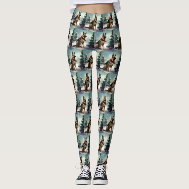 German Shepherd Dog in Snow Christmas Leggings (Front)