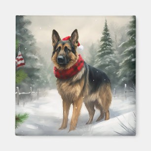 German Shepherd Dog in Snow Christmas Magnet