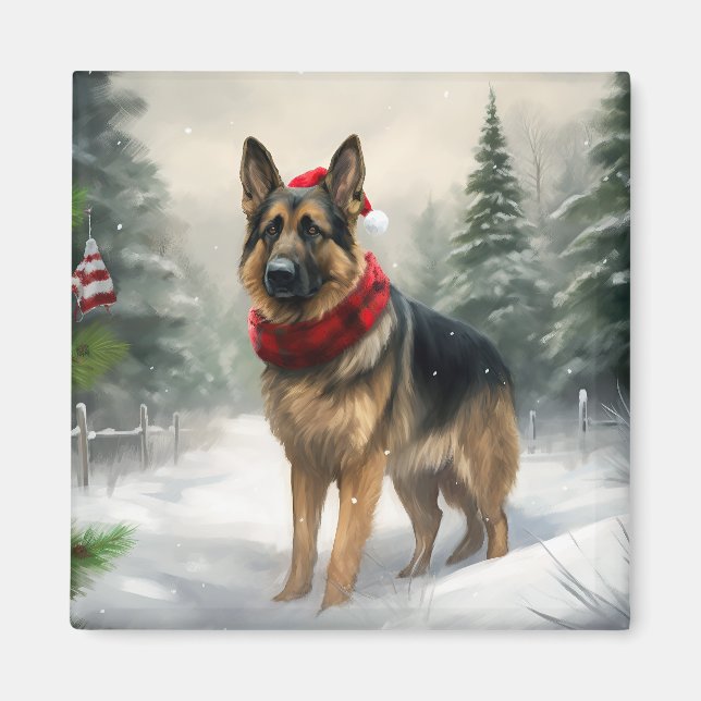 German Shepherd Dog in Snow Christmas Magnet (Front)