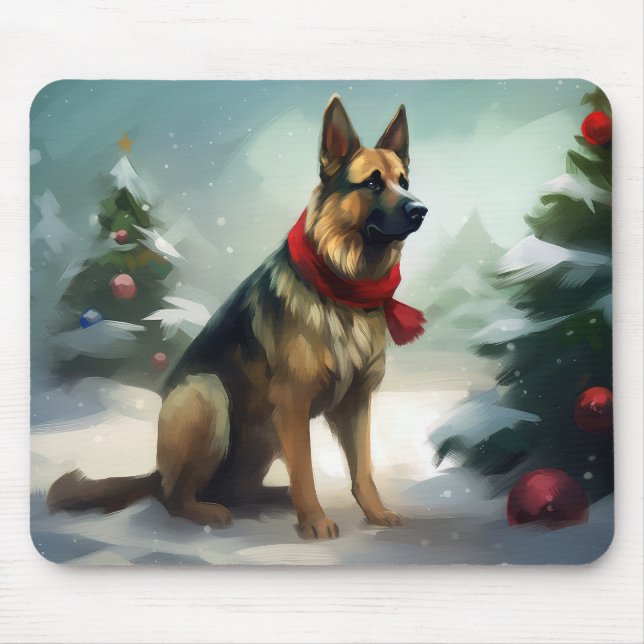 German Shepherd Dog in Snow Christmas Mouse Mat (Front)