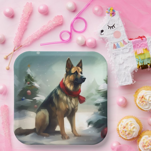 German Shepherd Dog in Snow Christmas Paper Plate (Party)