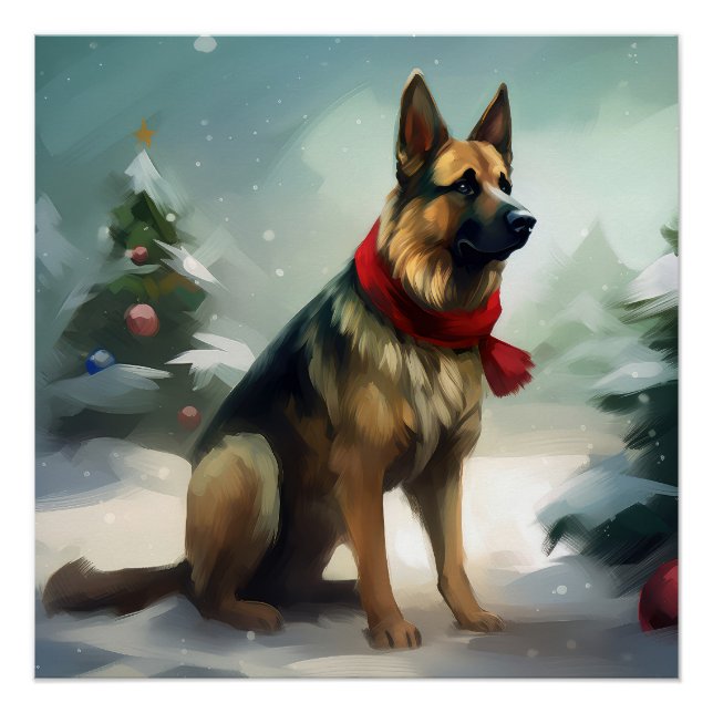 German Shepherd Dog in Snow Christmas Poster (Front)