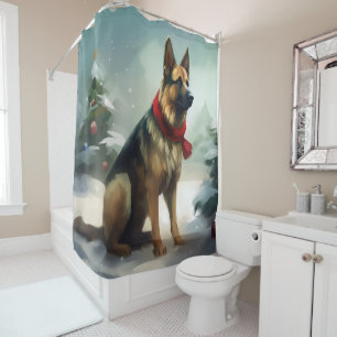 German Shepherd Dog in Snow Christmas Shower Curtain