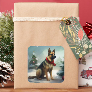 German Shepherd Dog in Snow Christmas Square Sticker
