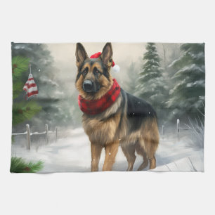 German Shepherd Dog in Snow Christmas Tea Towel