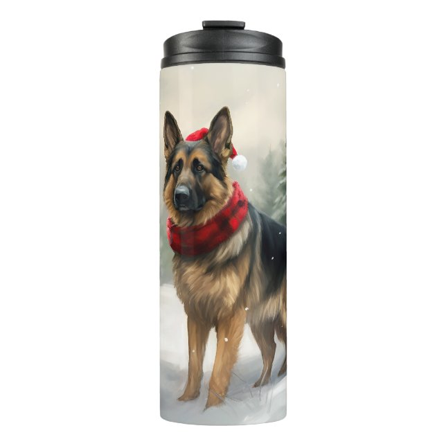 German Shepherd Dog in Snow Christmas Thermal Tumbler (Front)