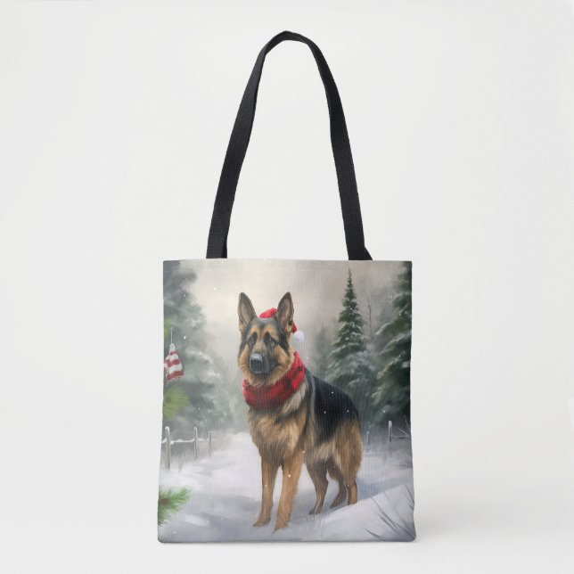 German Shepherd Dog in Snow Christmas Tote Bag (Front)