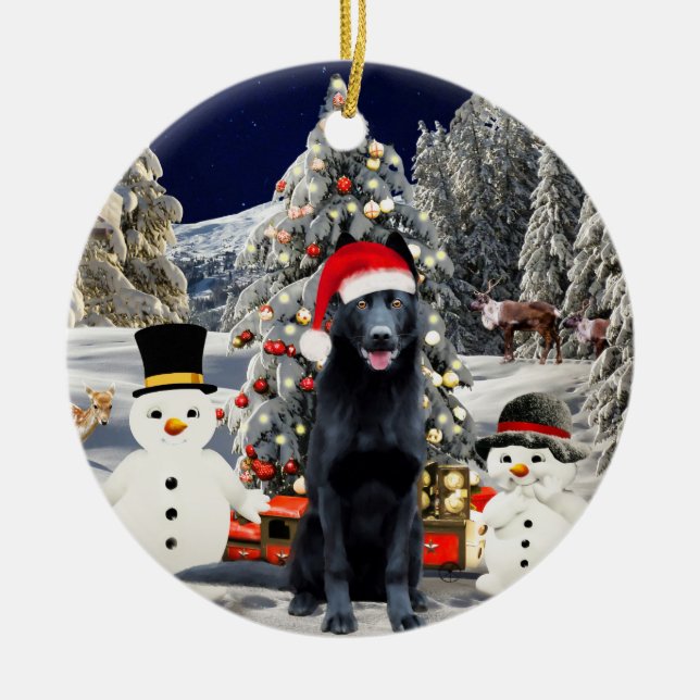 German Shepherd Dog  In Snow Santa Hat Lights Ceramic Tree Decoration (Front)